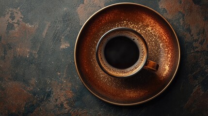 Aerial view of a hot coffee cup on a brown plate, showcasing the texture of the coffee and the elegant presentation.