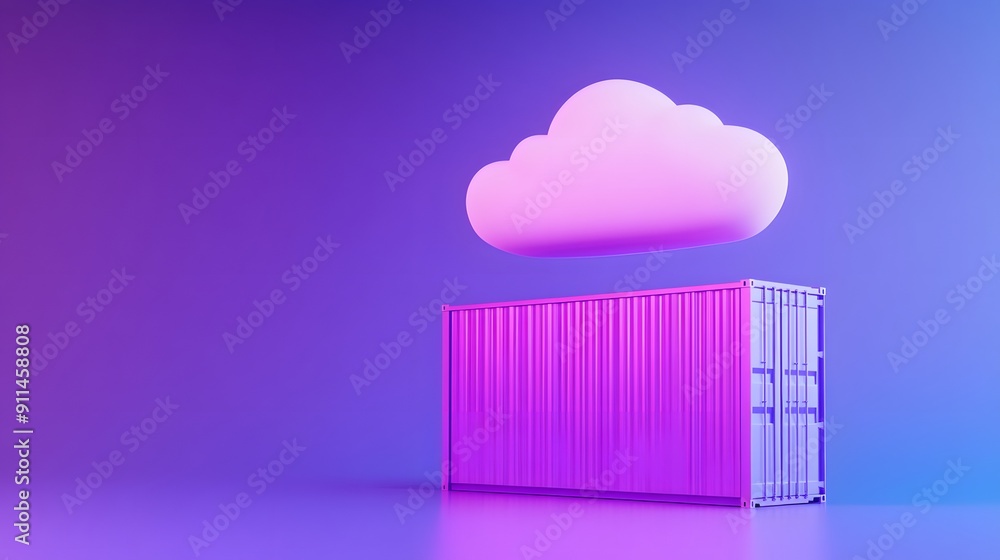 Poster 3d rendering of a cloud computing concept with a floating cloud above a container in vibrant purple 