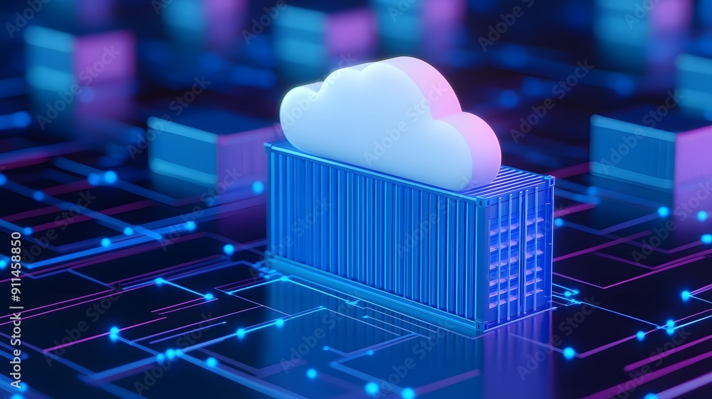 Poster 3d rendering of a cloud computing environment with digital data and server infrastructure showcasing