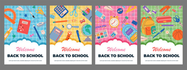 Vector posters set with cute school stationery. Welcome Back to school. Hand drawn school supplies. Design for flyers, advertisements, paper, cover, social media, cards