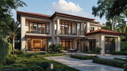 Fototapeta premium Architectural design of a villa house with a modern facade and lush green surroundings, emphasizing elegance and luxury.