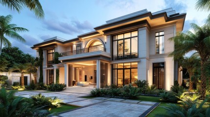 Architectural design of a villa house with a modern facade and lush green surroundings, emphasizing elegance and luxury.