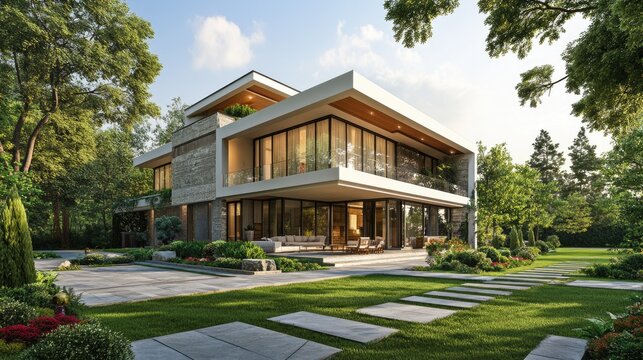 Architectural design of a villa house with a modern facade and lush green surroundings, emphasizing elegance and luxury.