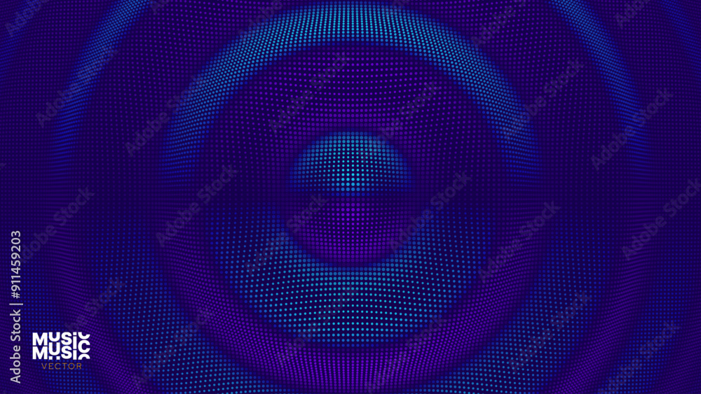 Poster 3D Wavy Digital Particles Ripple Effect Abstract Geometric Blue Color Background. Audio Halftone Ripple Visualization. Digital Water Drop Waves Concept. Particles Vector Illustration. 3D Grid Surface.