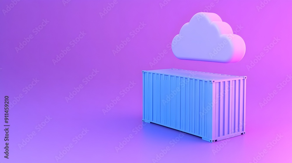 Poster 3d rendering of a cloud hovering above a container on a vibrant pink and purple gradient background,