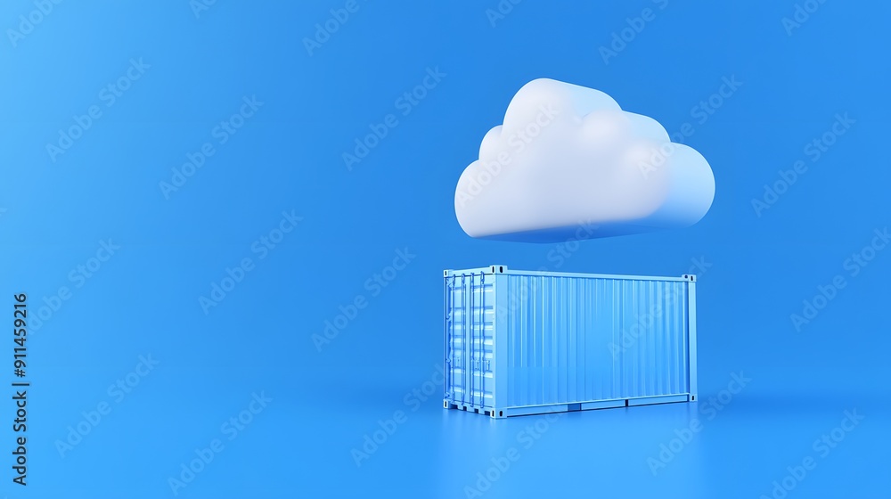 Poster 3d rendering of a cloud hovering above a shipping container, representing cloud computing and storag