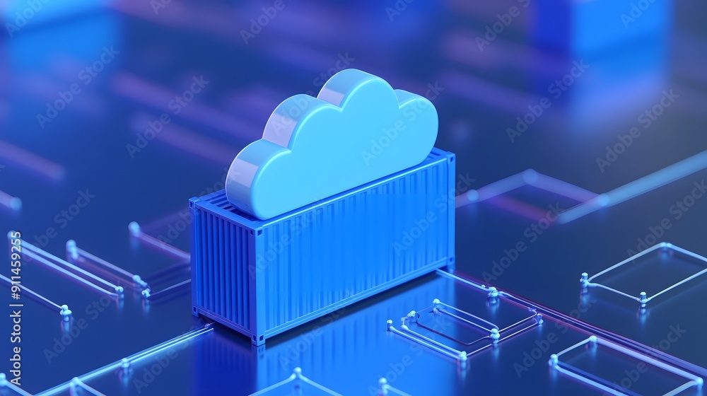 Poster 3d rendering of a cloud icon on a container, symbolizing cloud computing and data storage technology