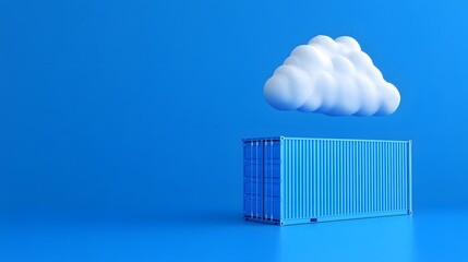 3D rendering of a cloud hovering over a blue shipping container symbolizing cloud computing technology and data storage.