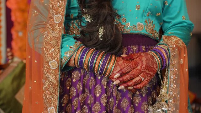 Woman Dressed in traditional Indian clothes, Elements of hindi wedding. Close up view