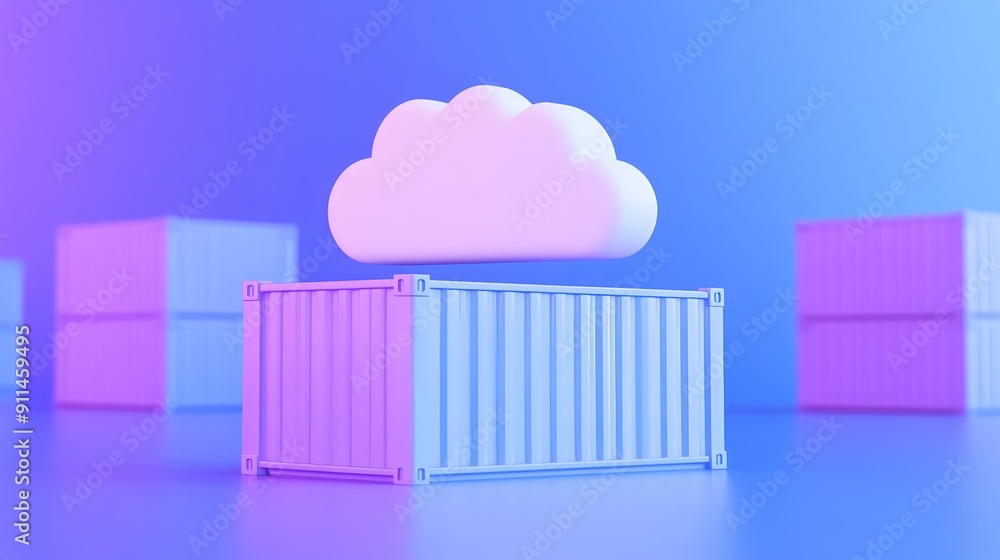 Poster 3d rendering of a cloud over a cargo container with a modern, vibrant background, representing cloud