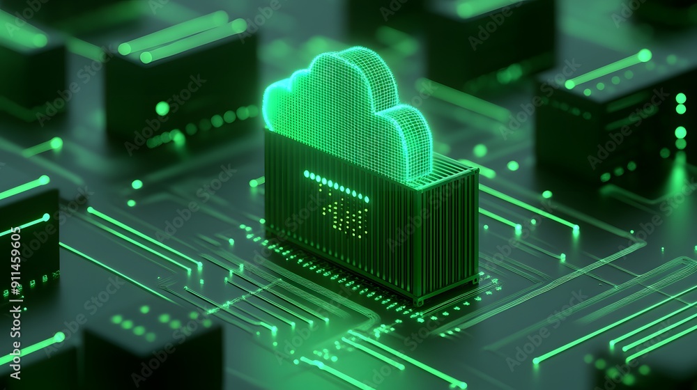 Poster 3d rendering of a cloud storage icon on a futuristic circuit board, representing digital technology,