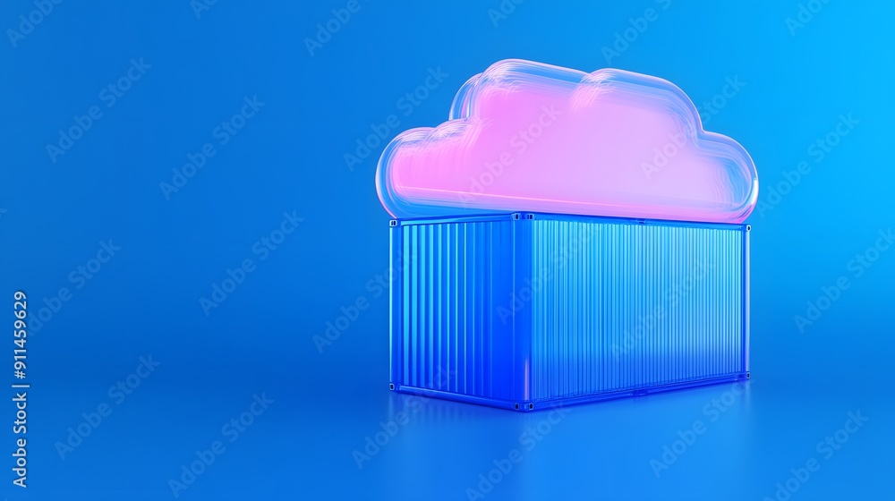 Poster 3d rendering of a cloud storage concept with a glowing cloud above a blue container on a blue backgr