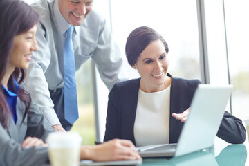 Fototapeta premium Group, law firm and attorney with laptop at office in communication, networking and connection. Business people, technology and discussion in team, company and legal consultant in meeting or research