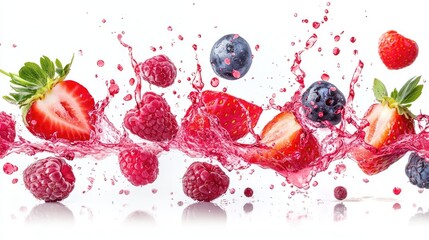 Fototapeta premium Assorted berries with juice splashes, isolated on white, capturing the essence of fresh and juicy fruits.