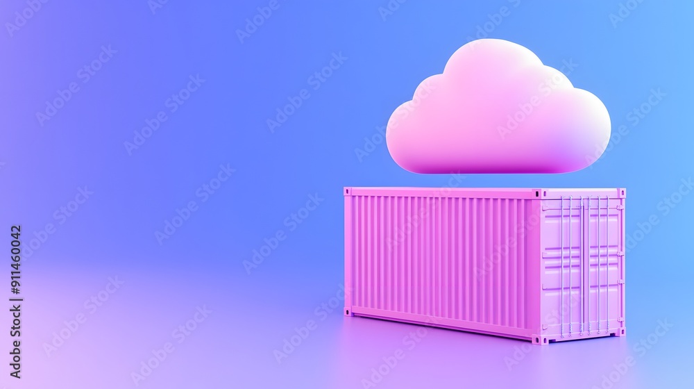 Aufkleber 3d rendering of a floating pink cloud over a pink shipping container against a blue gradient backgro