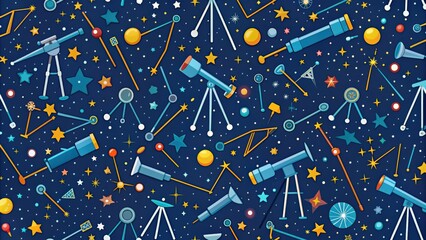 Seamless pattern of flat astronomy elements like telescopes and constellations for a celestial theme, astronomy