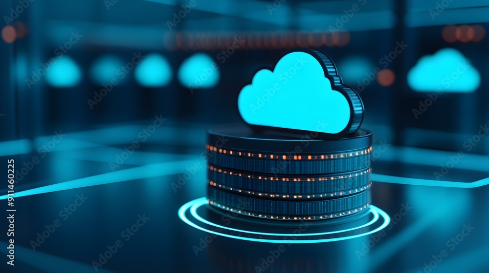 Poster 3d rendering of a glowing cloud icon on a dark background, representing cloud computing and data sto
