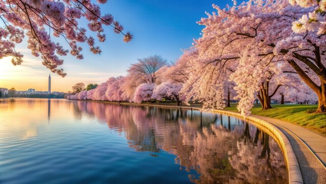 Vibrant cherry blossoms in full bloom along the tidal basin in Washington, D.C, Cherry blossoms, springtime, Washington D.C.