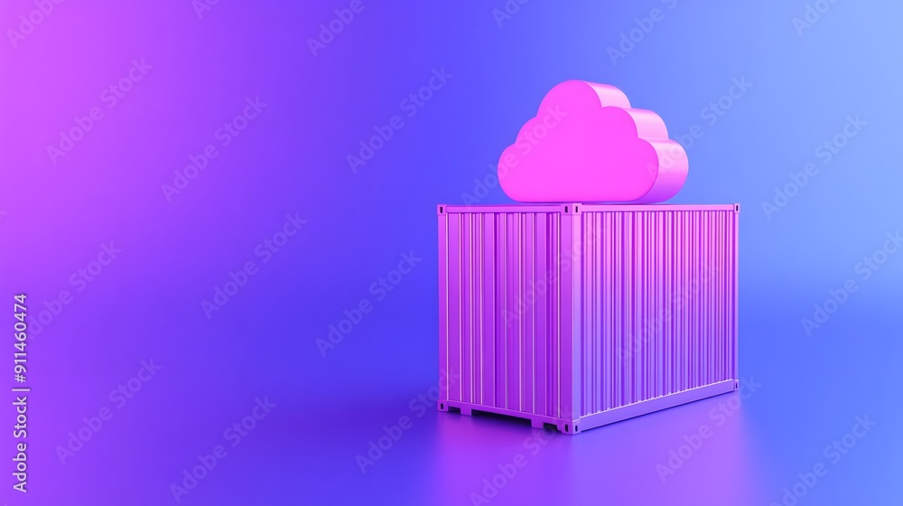 Poster 3D rendering of a pink cloud on top of a shipping container with purple and blue gradient background, symbolizing cloud computing and storage.
