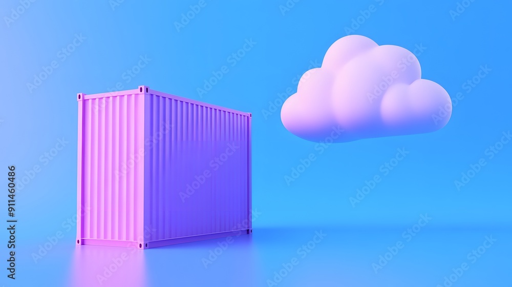 Poster 3d rendering of a pink shipping container next to a cloud on a blue background, symbolizing cloud st