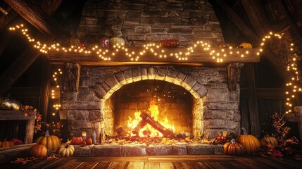 Obraz premium Fireplace with Burning Fire and Pumpkins