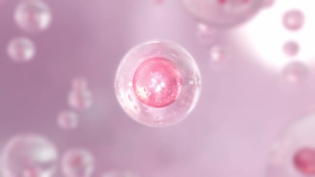 3D animation Cosmetics many atoms floating in droplets. Design of collagen bubbles. Design for a moisturizing cream and serum. Concept of vitamins for beauty and health