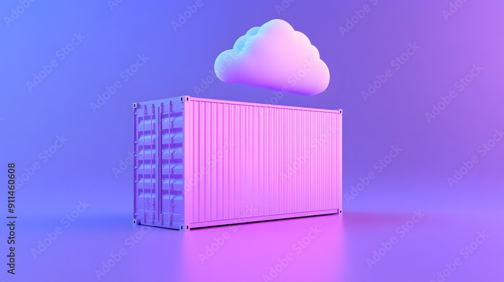 Poster 3d rendering of a shipping container and cloud, symbolizing cloud storage and logistics in a vibrant