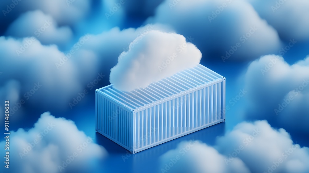 Poster 3d rendering of a shipping container surrounded by clouds, representing cloud storage and data techn