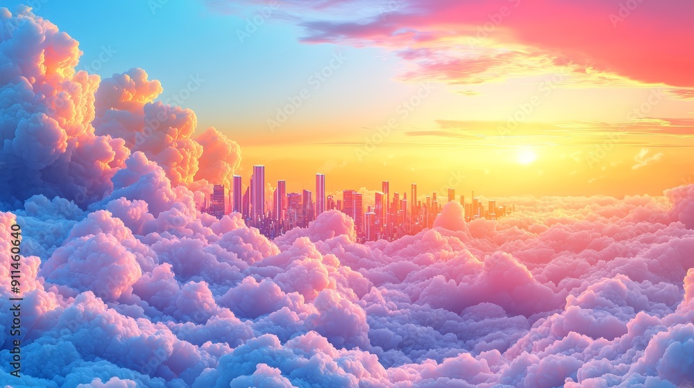 Wall mural City Skyline Emerging from Fluffy Clouds at Sunset.