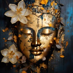 Golden Buddha Face with Flowers and Leaves on Blue Background