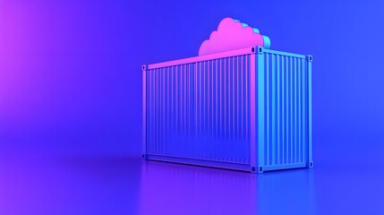 3D rendering of a shipping container with a cloud on top in a blue and pink gradient background, symbolizing cloud computing and data storage.