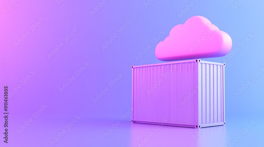Poster 3d rendering of a shipping container with a pink cloud above, set on a duotone purple and blue gradi