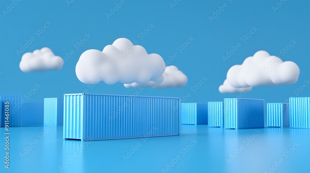 Poster 3D rendering of blue cargo containers with clouds in the sky, symbolizing cloud computing and data storage in a digital landscape.