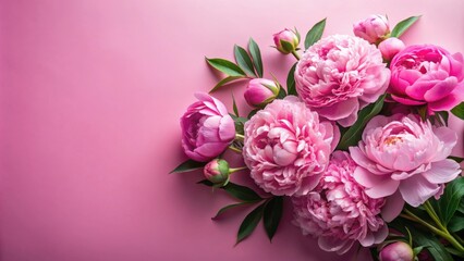 Fototapeta premium Pink peonies flowers on a pink background, elegant holiday card, peonies, flowers, pink, background, elegant, holiday