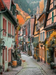 Obraz premium A quaint, cobblestone street lined with colorful, historic buildings in a European town. The autumn foliage adds a warm, inviting ambiance.