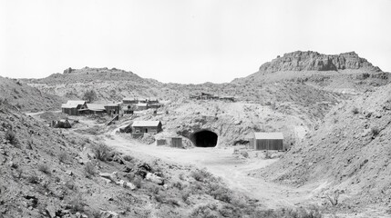Snowy Mountainside with Mine Entrance and Buildings