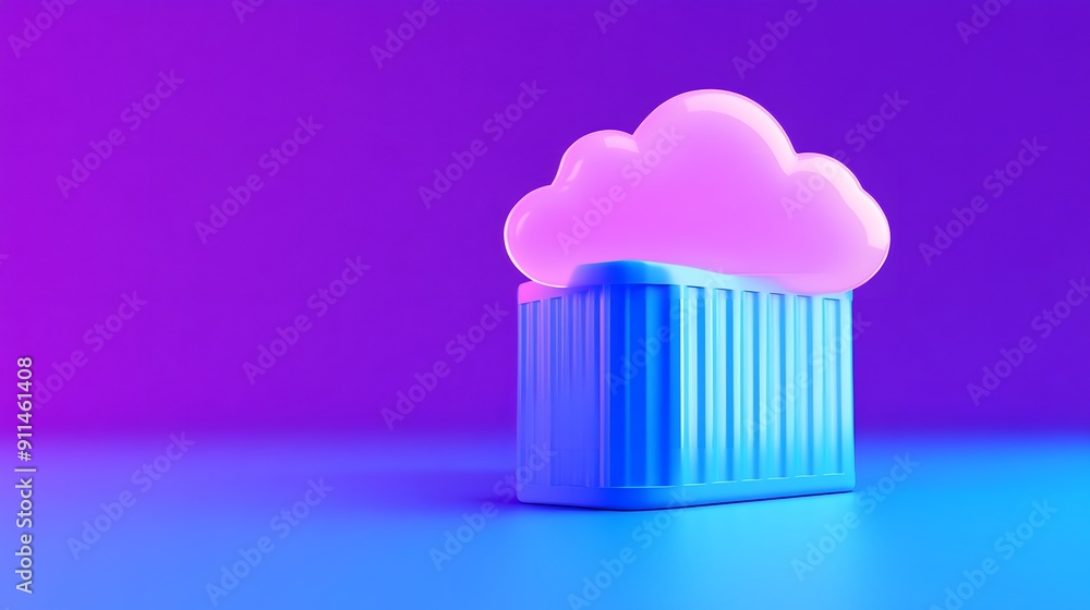 Aufkleber 3d rendering of cloud computing concept with glowing cloud icon on container, set against a vibrant 