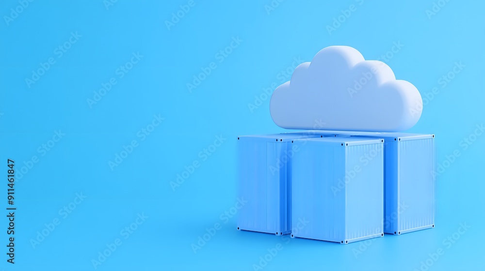 Poster 3d rendering of cloud storage concept with blue containers and a cloud icon on a blue background, sy