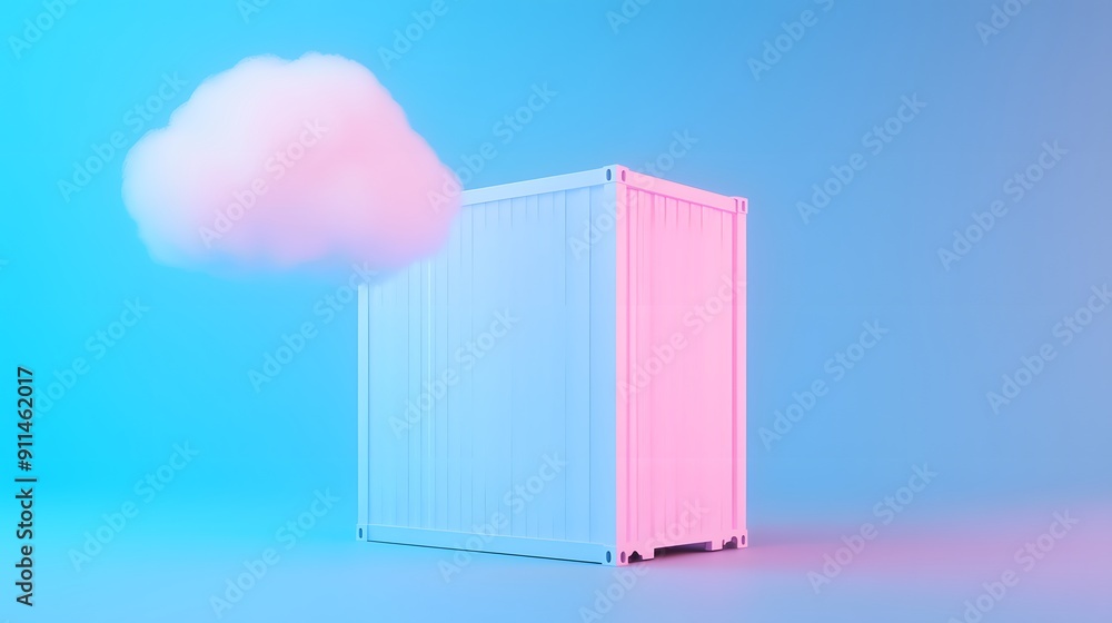 Poster 3d rendering of container with cloud, combining modern logistics and digital cloud storage concepts 