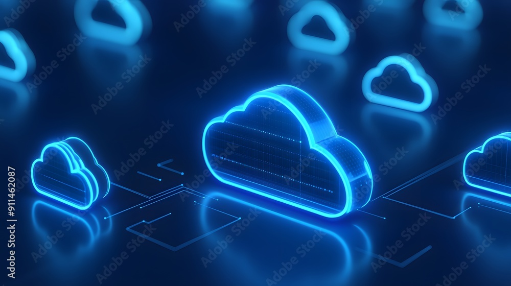 Poster 3d rendering of glowing blue cloud icon on digital background, representing cloud computing, storage