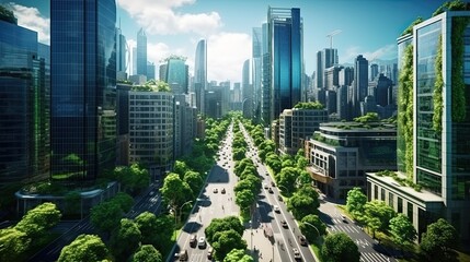 Green Cityscape with Tree-Lined Avenue