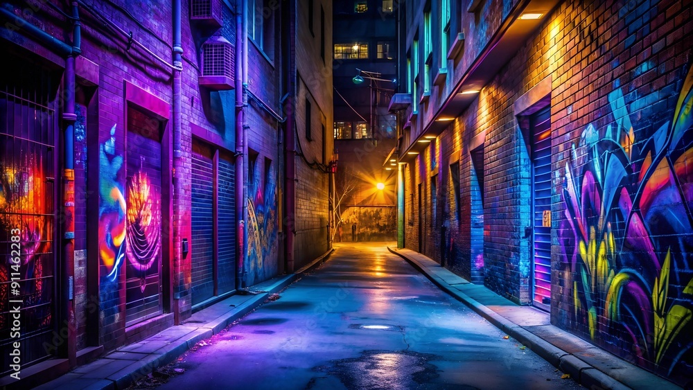 Poster shadows in the labyrinth: a dark alleyway illuminated by neon generative ai