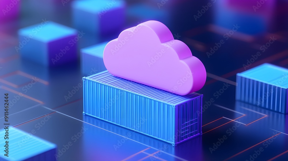 Poster a 3d illustration depicting cloud computing and containerization. the image symbolizes modern techno
