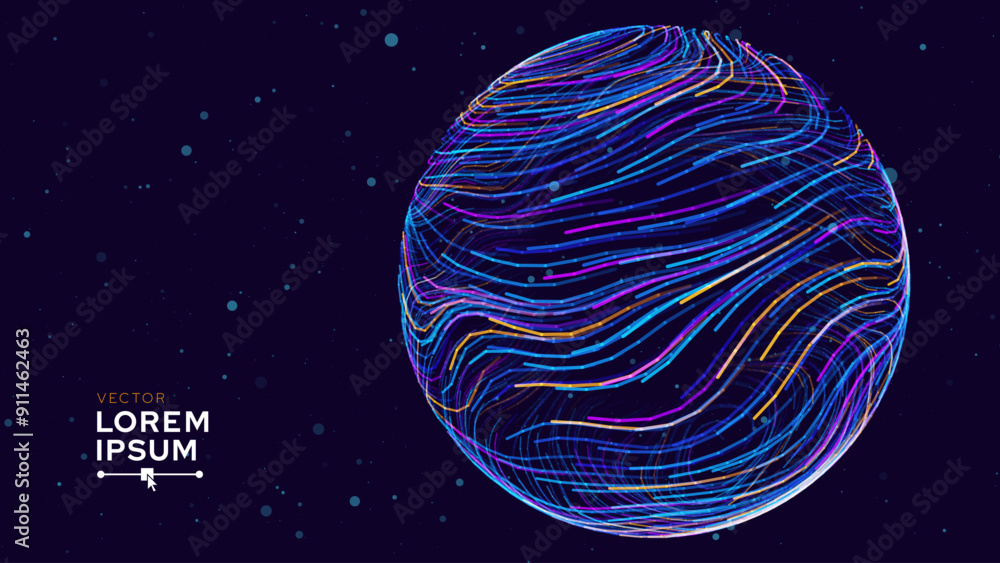 Poster Big Data Blue Futuristic Sphere Globe Connection Networks. Neural Network Communication. Big Data Cyber Space. Hi Tech Business Data Flow Analytics Vector Illustration.