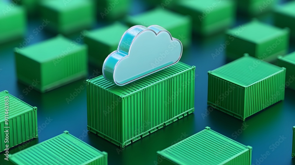 Poster a 3d illustration of green shipping containers with a cloud symbolizing cloud computing, data storag