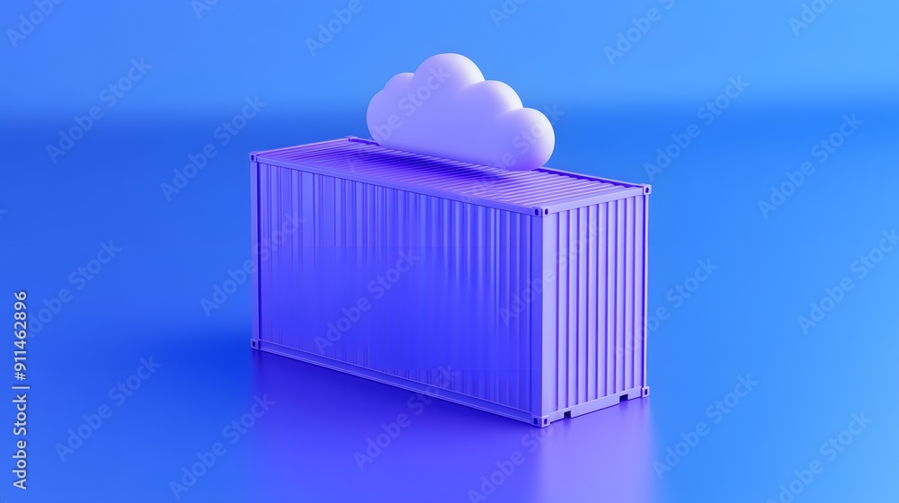 Poster a 3d rendering of a blue shipping container with a cloud on top, symbolizing cloud storage and globa