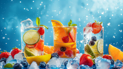 Bright set  of glasses with summer refreshing fruit drinks with ice cubs , fruit slices and berries and green mint leaves on a blue background.  Ideal as refreshing summer cocktail. Generative AI.
