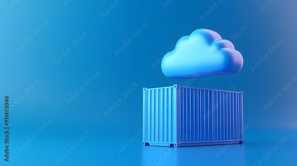 Poster a blue shipping container with a cloud above it, representing cloud storage and data solutions, agai