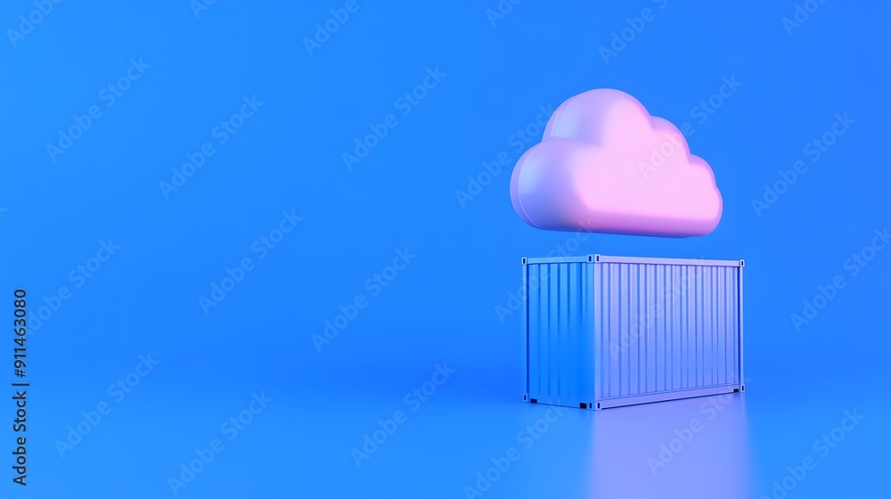 Poster a blue shipping container with a floating pink-tinged cloud above it, symbolizing cloud computing an