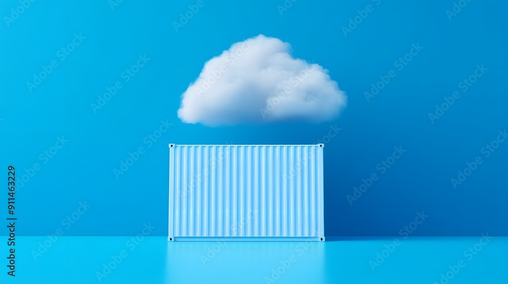Poster a cloud hovering above a container against a blue background, symbolizing cloud computing and storag